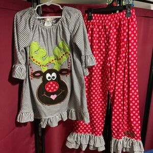 Boutique Christmas Holiday Reindeer pants top 2 piece set size 7